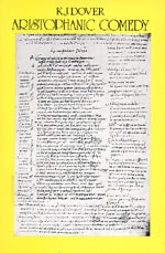 Book cover for Aristophanic Comedy. Center: A black-and-white photo shows an ancient manuscript page filled with dense handwritten Greek text and marginal annotations. Text is black. Background is yellow.